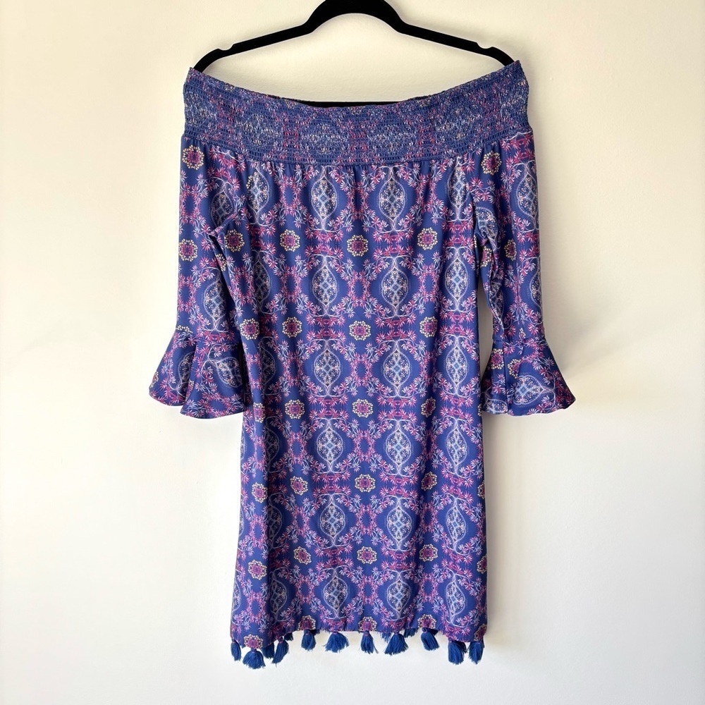 Cabana Life Purple Pink Off The Shoulder Mini Dress Bell Sleeve Tassels Beach